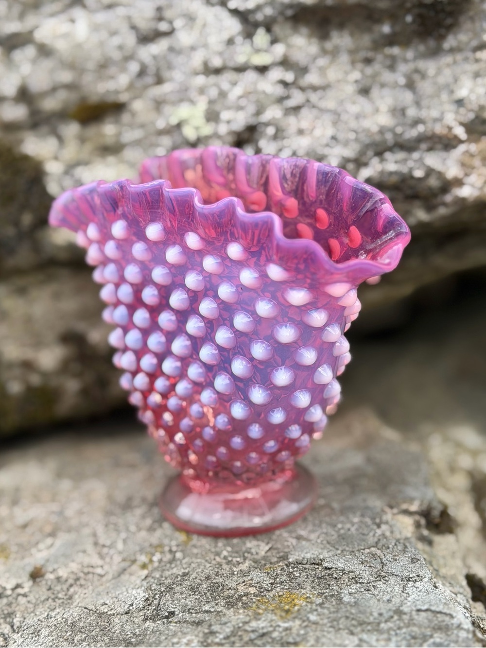 Vintage Fenton Cranberry Opalescent Hobnail Glass Vase